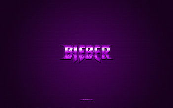 Justin Bieber logo, purple shiny logo, Justin Bieber metal emblem, gray carbon fiber texture, Justin Bieber, brands, creative art, Justin Bieber emblem HD wallpaper