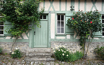 House in Gerberoy, France, old, door, window, house, trees, France HD wallpaper