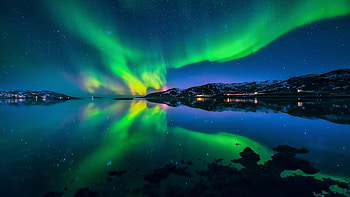 Beautiful Fjord Night Reflection Starry Sky Aurora Borealis Mountains Snow Nature HD wallpaper
