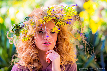 Marina Martos, model, girl, woman, summer, pink, flower, green, yellow, face, jesus lara, hat HD wallpaper