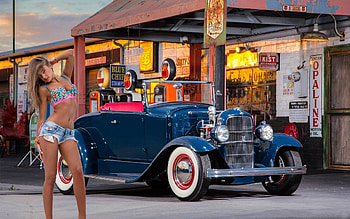 Maria Ryabushkina / Hot Rod, model, hot rod, gas station, shorts HD wallpaper