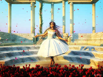 Springtime Angel 3d, artwork, stairs, flowers, pillars, tulips, woman HD wallpaper