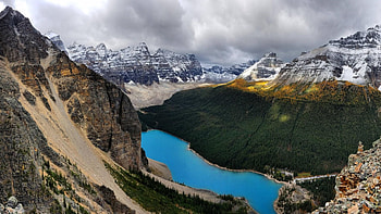 Rare angle of Moraine Lake, mountains, Canada, trees, clouds, landscape, Alberta, sky HD wallpaper