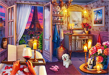 Cozy Bathroom, lights, dog, eiffel tower, painting, window, paris, colors HD wallpaper