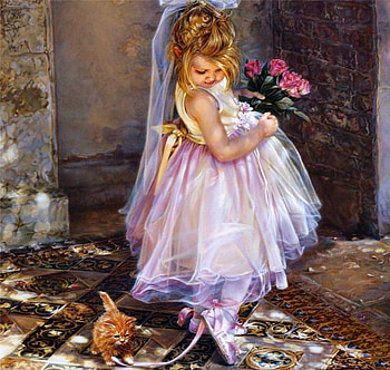 The Performance, kitten, veil, girl, dress, little, ballerina shoes, door, flowers, stockings HD wallpaper