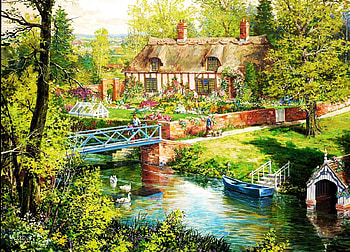 blue bridge, bridge, blue, country, house HD wallpaper