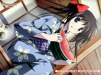 Purple, anime, smile, blushing, watermelon HD wallpaper