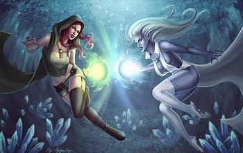 A Battle Of Sorceresses, sorceresses, females, magic, fantasy, human, elf HD wallpaper