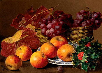 Eloise Harriet Stannard * Still Life of Apples and Holly With A Basket of Grapes,1913, eloise harriet stannard, painting, art, stiil life, grape, fruit, apple HD wallpaper