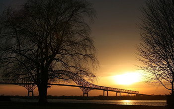 Nature, Trees, Twilight, Dusk, Bridge, Outlines, Sight, Landmark HD wallpaper