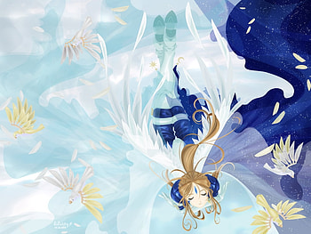 Goddess Reflection, blue, wings, white, belldandy, series, ova, ah my goddess, long hair, goddess, anime, manga HD wallpaper