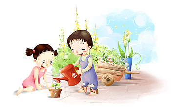 Children, Love, Flower, Watering Can HD wallpaper