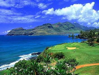 AMAZING NATURE GRAPHY-PLAYING GOLF, sea, blue sky, wind, sand, plants, clouds, grass, mountain HD wallpaper