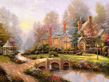 beyond the spring gate, trees, cottage, spring, art HD wallpaper