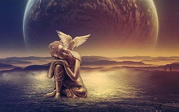 Dove on the shoulder of the Buddha and . HD wallpaper