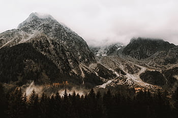 Explore the serene beauty of foggy mountain peaks surrounded by forests at dawn. HD wallpaper