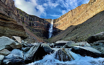 Hengifoss - Iceland, river, clouds, sky, rocks, water, cliff HD wallpaper