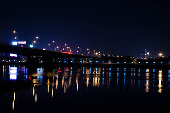 Bridge, night, city, reflections HD wallpaper