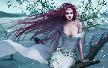 Lakeside, magic, nature, woman, blossoms HD wallpaper
