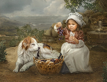 Wonderful Fruits, dog, girl, fruits, child HD wallpaper