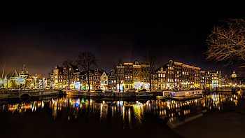 Amsterdam canal night, Amstel River, European charm, Ultra HD wallpaper