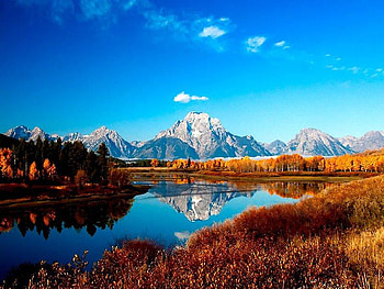 Oxbow Bend, trees, sky, land, mountain HD wallpaper