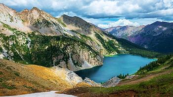 Snowmass Lake, Colorado, clouds, trees, sky, water, mountains, usa HD wallpaper