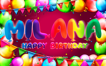 Happy Birtay Milana, , colorful balloon frame, Milana name, purple background, Milana Happy Birtay, Milana Birtay, popular american female names, Birtay concept, Milana HD wallpaper
