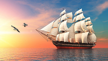Tall Ship at Sunrise, sea, ship, morning, sunrise, gulls, sail, sky, sea birds, sunset, ocean HD wallpaper