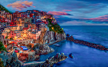 Manarola, evening, sunset, r, Ligurian Sea, Cinque Terre, Manarola panorama, Manarola cityscape, Italy HD wallpaper
