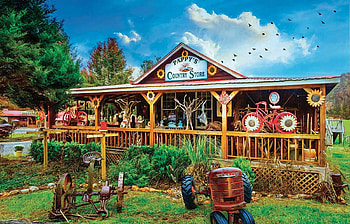 Pappy's Country Store, painting, trees, tractor, veranda, cabin HD wallpaper