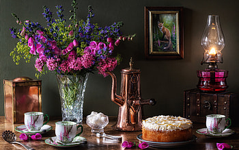 Still Life Cake and Tea, still life, tea, dessert, cake, food, drink HD wallpaper