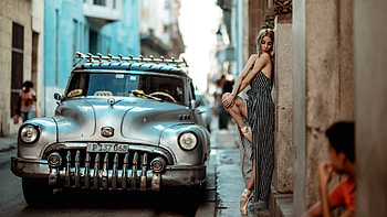 Model Posing in Cuba, model, dress, blonde, car, cuba HD wallpaper