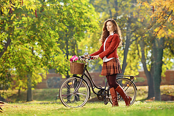 Beauty, bokeh, girl, grass, spring, woman, lady, spring time, green, bike, flowers, splendor, female HD wallpaper
