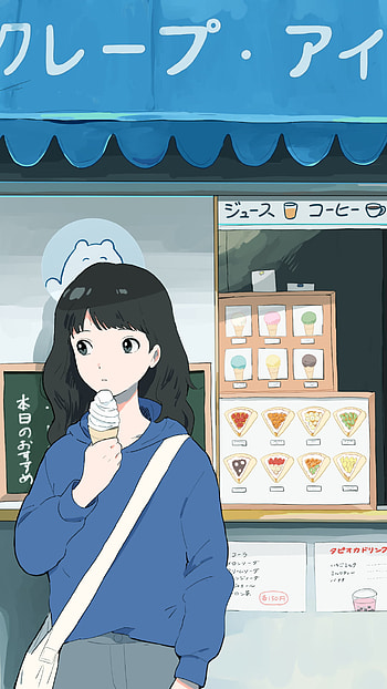 black hair, long hair, hoodie, ice cream, Anime, Original HD phone wallpaper