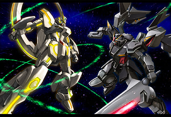 Stargazer vs Strike Noir, white, black, sword, ova, fight, gold, gundam seed stargazer, stargazer, anime, red, noir, gun HD wallpaper