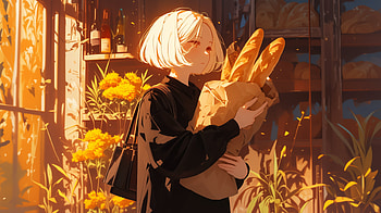 Charming Baguette Embrace - Artistic, baguette, girl, bread, flower, sunlight HD wallpaper