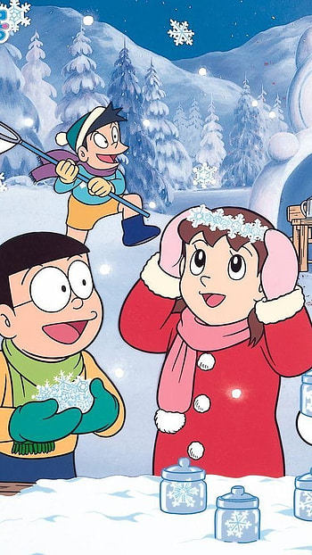 Shinchan And Doraemon, Nobita, Winter Background HD phone wallpaper