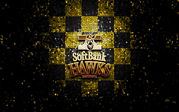 Fukuoka SoftBank Hawks, glitter logo, NPB, yellow black checkered background, baseball, japanese baseball team, Fukuoka SoftBank Hawks logo, mosaic art, Nippon Professional Baseball HD wallpaper