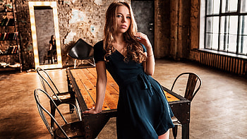 Blonde Girl Model Is Standing In Front Of Table Wearing Blue Dress Girls HD wallpaper