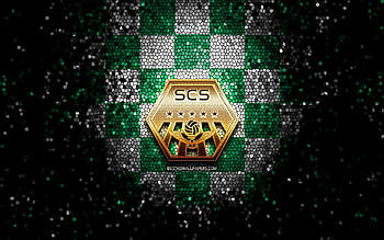 Sagamihara FC, glitter logo, J2 League, green white checkered background, soccer, japanese football club, SC Sagamihara logo, mosaic art, football, SC Sagamihara HD wallpaper
