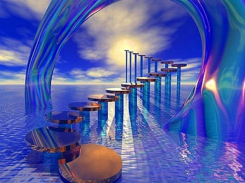 Dreams, blue, pink, stairway, colors, water, reflections HD wallpaper
