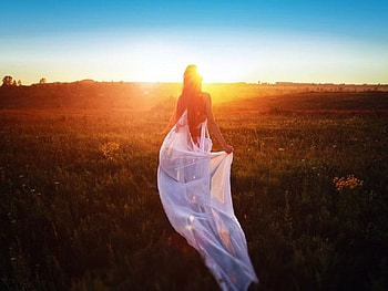 Beauty of Summer, field, clouds, women, sky, sun, white lace dress HD wallpaper