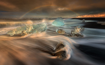 Nature, Iceland, sea, waves, rainbow, exposure, light, ice, beach HD wallpaper