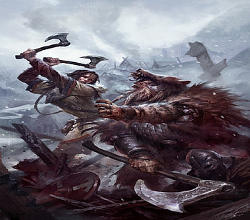 Viking Battle, bear skin, axes, man, woman, village HD wallpaper
