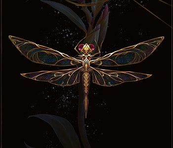 Dragonfly, night, black, art, fantasy, yellow, oksana zavgorodnyaya, libelula, golden HD wallpaper