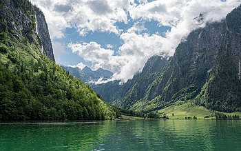 Koenigssee Lake in Germany, Alps, Germany, mountains, lake, clouds HD wallpaper
