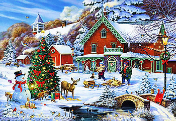 Forest Christmas Feast, deer, ornaments, tree, snowman, painting, cottage HD wallpaper