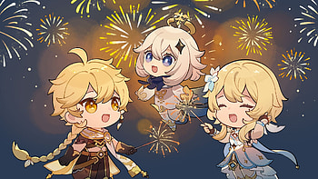 Genshin Impact : Paimon, Lumine & Aether Celebrate with Fireworks, Paimon (Genshin Impact), Lumine (Genshin Impact), Aether (Genshin Impact), video game, Genshin Impact HD wallpaper