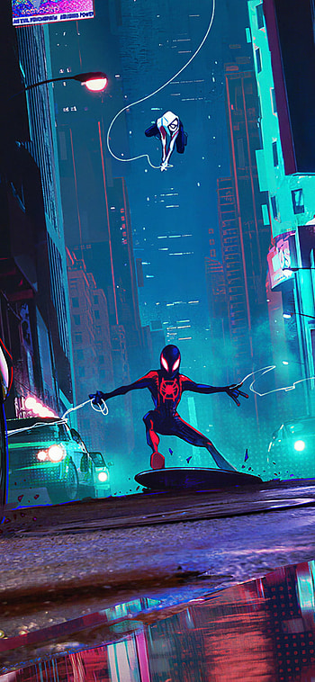 Spider-man riding a manhole cover through the city - in style, Gwen Stacy, spider man, movie, Spider-Man: Into The Spider-Verse HD phone wallpaper
